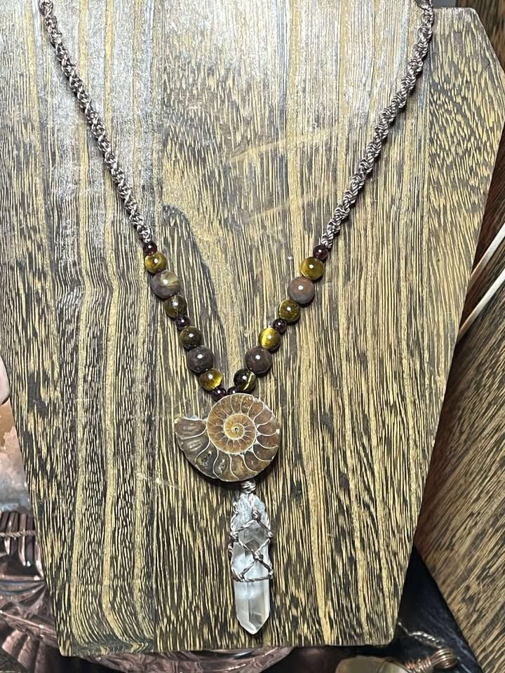 'Heart of the Ancients' Garnet, Tiger's Eye, Petrified Wood, Ammonite Fossil, & Clear Quartz Necklace