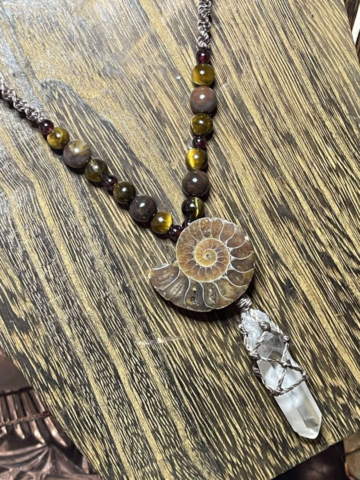 'Heart of the Ancients' Garnet, Tiger's Eye, Petrified Wood, Ammonite Fossil, & Clear Quartz Necklace