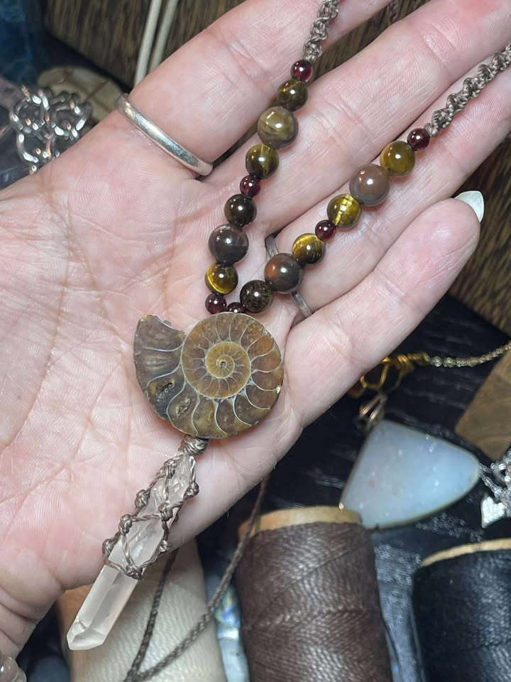 'Heart of the Ancients' Garnet, Tiger's Eye, Petrified Wood, Ammonite Fossil, & Clear Quartz Necklace