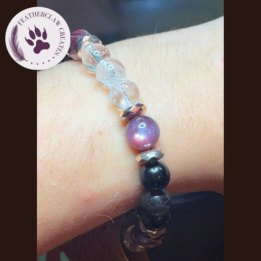 'Goddess Aegis' Obsidian, Rose Gold, Gemmy Lepidolite, & Clear Quartz Bracelet