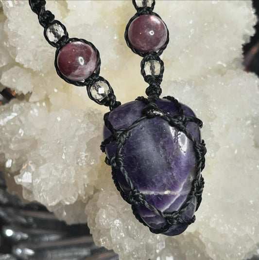 'Dreamseer- The Tranquil Visionary' Chevron Amethyst, Clear Quartz, & Gemmy Lepidolite Necklace