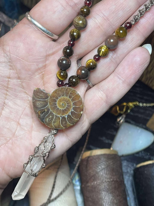 'Heart of the Ancients' Garnet, Tiger's Eye, Petrified Wood, Ammonite Fossil, & Clear Quartz Necklace